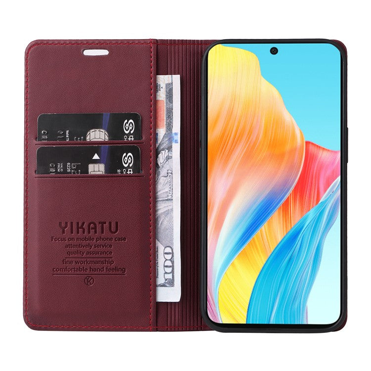 YIKATU YK-001 For Oppo A58 4G Case Magnetic Adsorption Wallet Leather Smartphone Cover - Wine Red