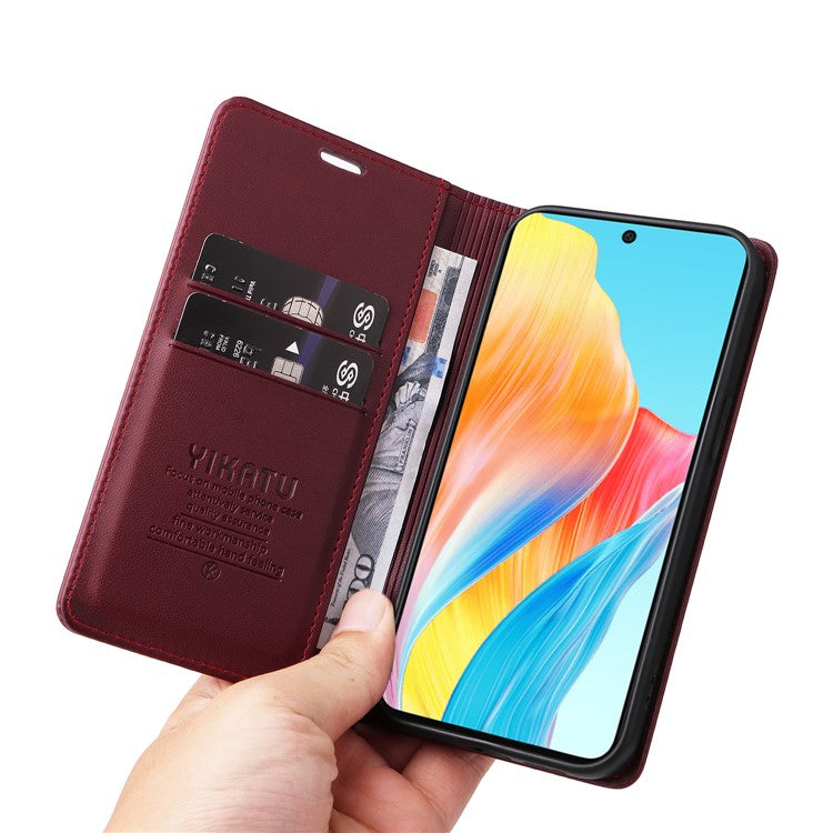 YIKATU YK-001 For Oppo A58 4G Case Magnetic Adsorption Wallet Leather Smartphone Cover - Wine Red