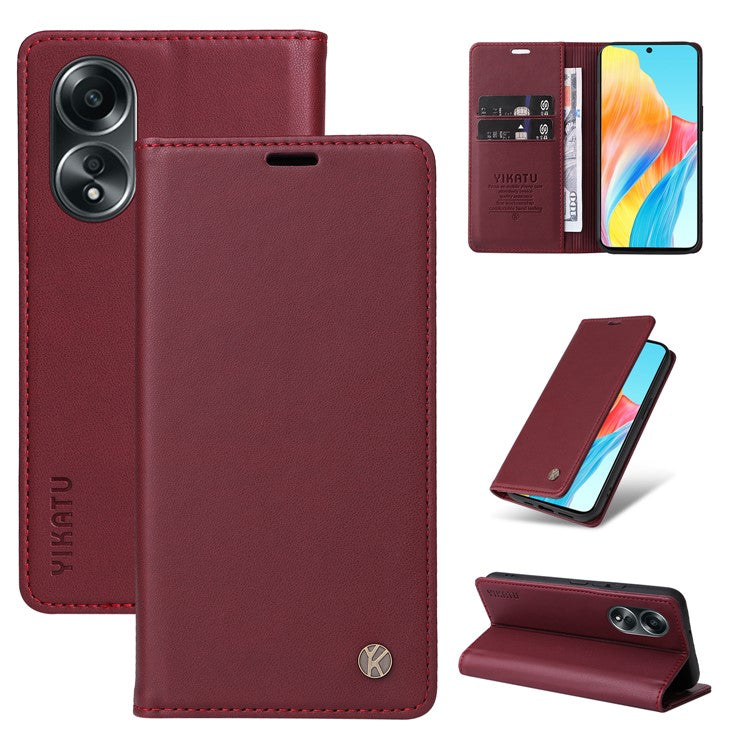 YIKATU YK-001 For Oppo A58 4G Case Magnetic Adsorption Wallet Leather Smartphone Cover - Wine Red