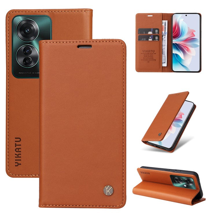 YIKATU YK-001 For Oppo Reno11 F 5G Slim Cover Magnetic Closing Leather Phone Shell - Brown