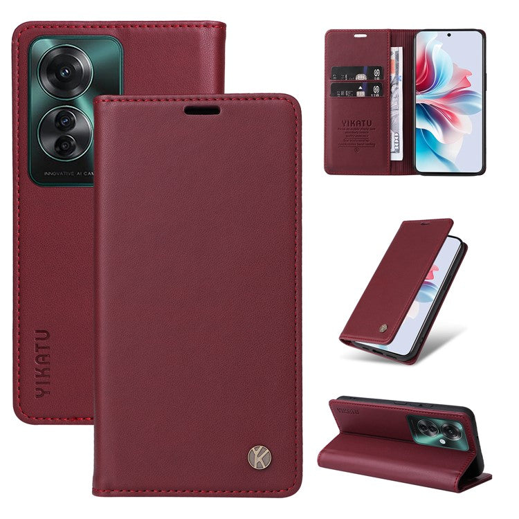 YIKATU YK-001 For Oppo Reno11 F 5G Slim Cover Magnetic Closing Leather Phone Shell - Wine Red