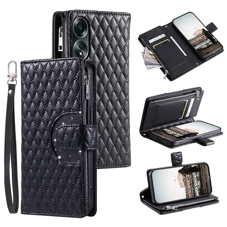 Style 012 for Oppo A58 4G Zipper Wallet Case Rhombus PU Leather Drop-proof Phone Cover - Black