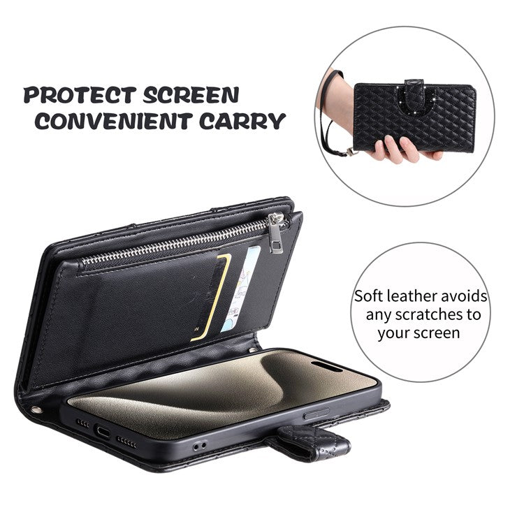 Style 012 for Oppo A58 4G Zipper Wallet Case Rhombus PU Leather Drop-proof Phone Cover - Black