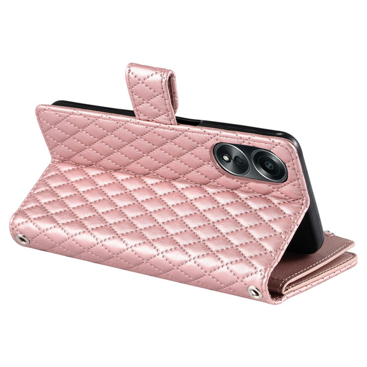 Style 012 for Oppo A58 4G Zipper Wallet Case Rhombus PU Leather Drop-proof Phone Cover - Rose Gold