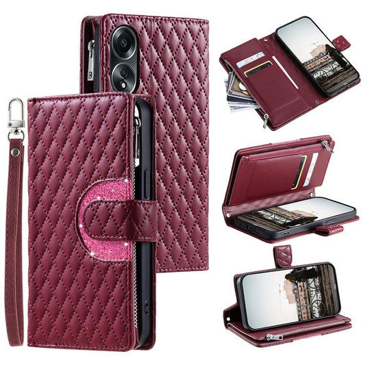 Style 012 for Oppo A58 4G Zipper Wallet Case Rhombus PU Leather Drop-proof Phone Cover - Wine Red