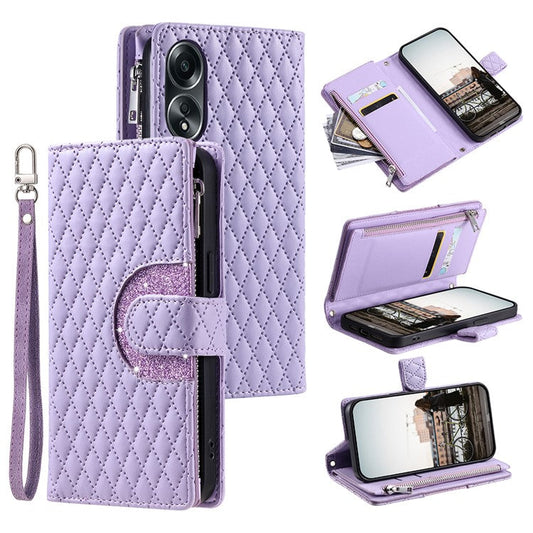 Style 012 for Oppo A58 4G Zipper Wallet Case Rhombus PU Leather Drop-proof Phone Cover - Purple
