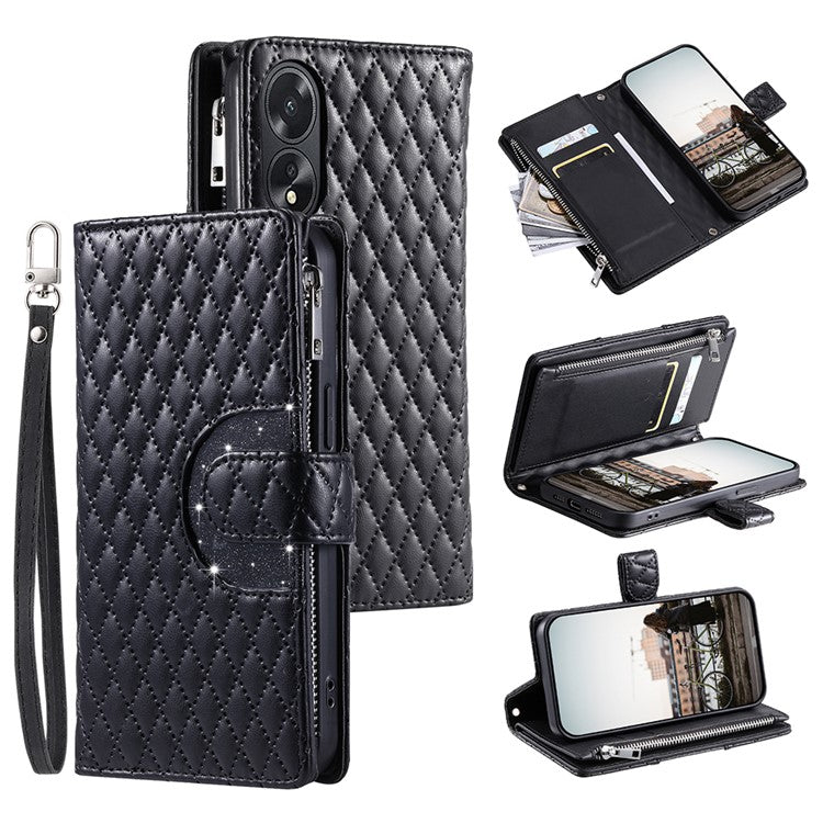 Style 012 for Oppo A38 4G / A18 4G Zipper Wallet Cover Glitter Powder Phone Protective Case with Strap - Black