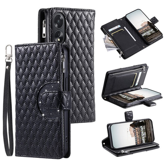 Style 012 for Oppo A38 4G / A18 4G Zipper Wallet Cover Glitter Powder Phone Protective Case with Strap - Black