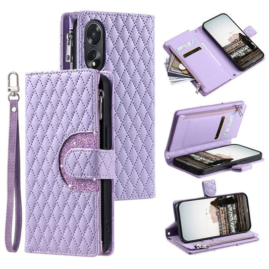 Style 012 for Oppo A38 4G / A18 4G Zipper Wallet Cover Glitter Powder Phone Protective Case with Strap - Purple