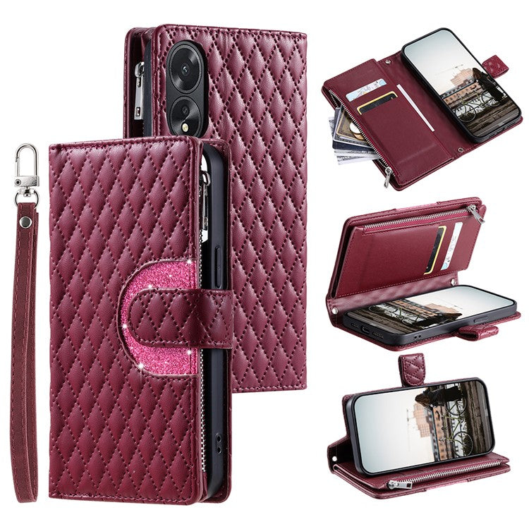 Style 012 for Oppo A38 4G / A18 4G Zipper Wallet Cover Glitter Powder Phone Protective Case with Strap - Wine Red