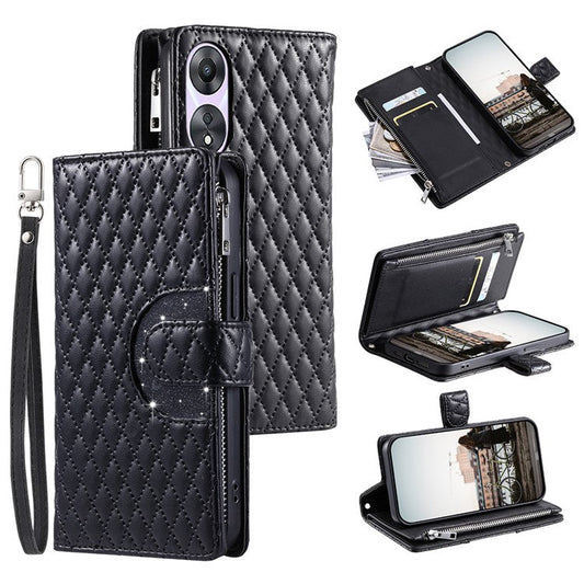 Style 012 for Oppo A58 5G Case Rhombus PU Leather Wallet Phone Cover - Black