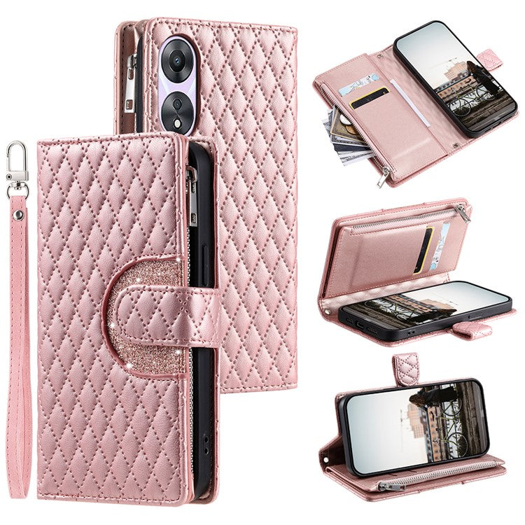 Style 012 for Oppo A58 5G Case Rhombus PU Leather Wallet Phone Cover - Rose Gold