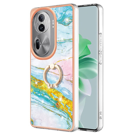 YB IMD Series-10 For Oppo Reno11 Pro 5G (Global) Case IMD Marble Pattern TPU Kickstand Phone Cover - Green 004