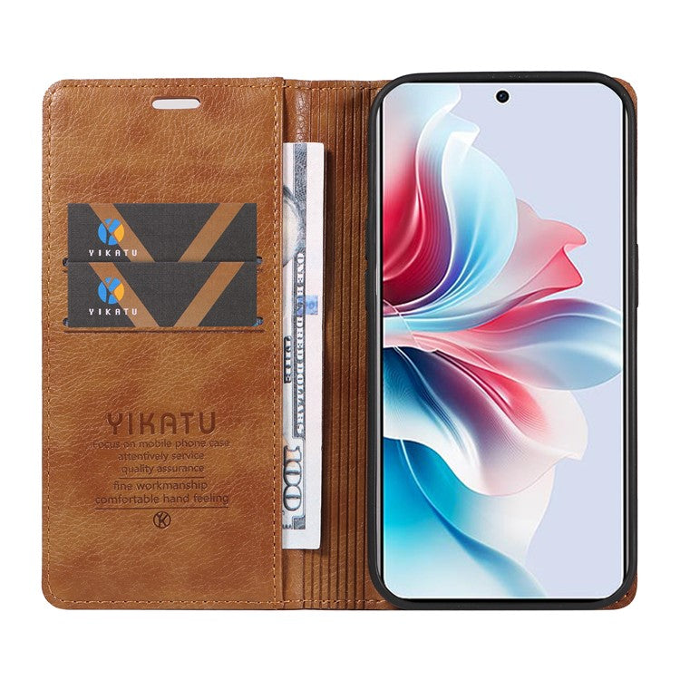 YIKATU YK-006 For Oppo Reno11 F 5G Case Litchi Texture Magnetic Closing Leather Phone Cover - Brown
