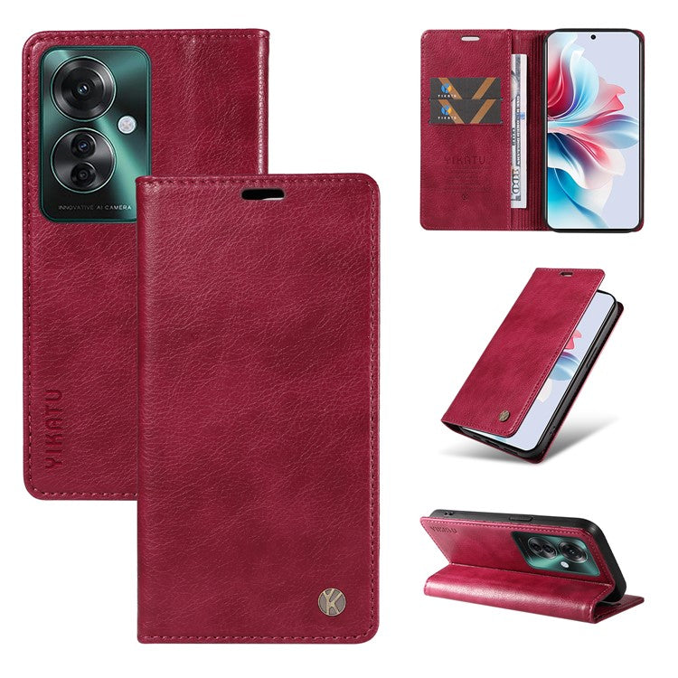 YIKATU YK-006 For Oppo Reno11 F 5G Case Litchi Texture Magnetic Closing Leather Phone Cover - Wine Red