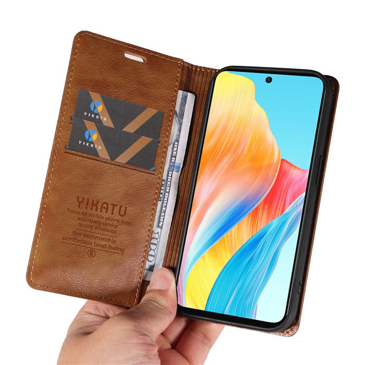 YIKATU YK-006 For Oppo A58 4G Leather Wallet Case Magnetic Closing Flip Phone Cover - Brown
