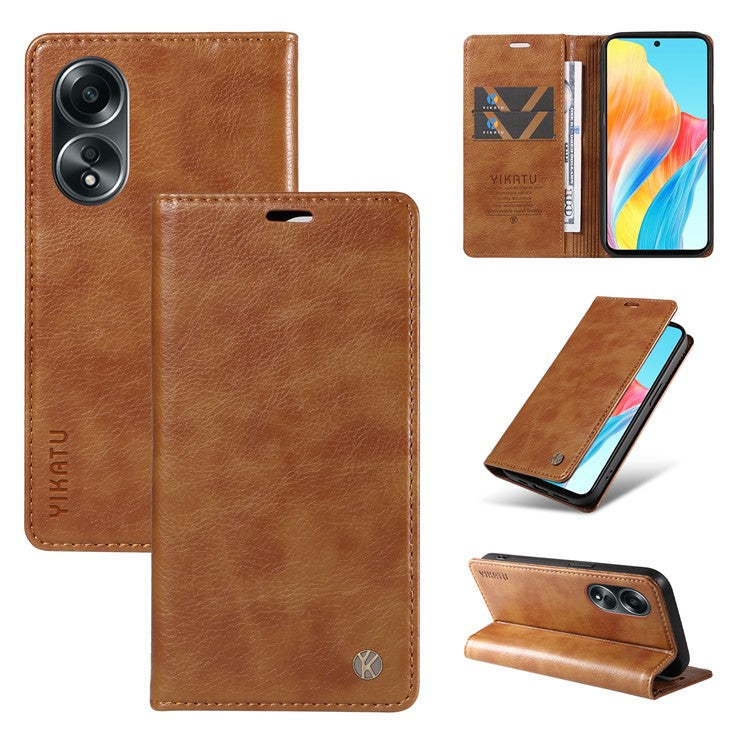 YIKATU YK-006 For Oppo A58 4G Leather Wallet Case Magnetic Closing Flip Phone Cover - Brown