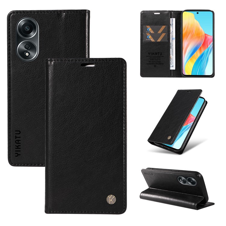 YIKATU YK-006 For Oppo A58 4G Leather Wallet Case Magnetic Closing Flip Phone Cover - Black