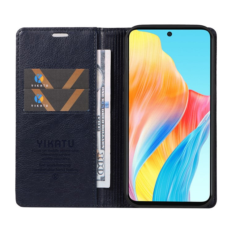 YIKATU YK-006 For Oppo A58 4G Leather Wallet Case Magnetic Closing Flip Phone Cover - Navy Blue