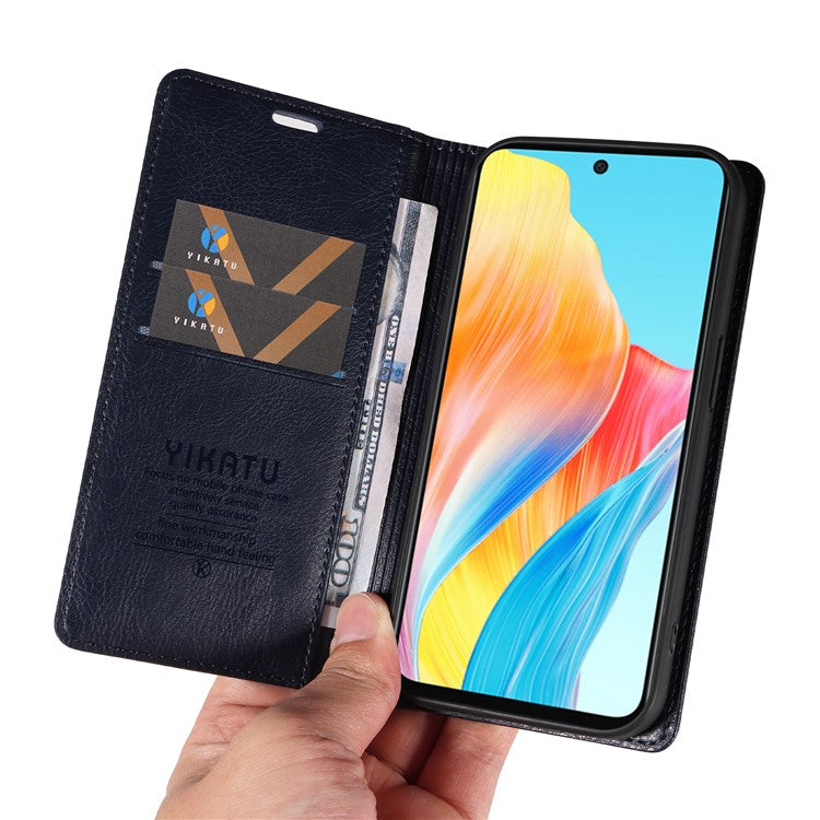 YIKATU YK-006 For Oppo A58 4G Leather Wallet Case Magnetic Closing Flip Phone Cover - Navy Blue