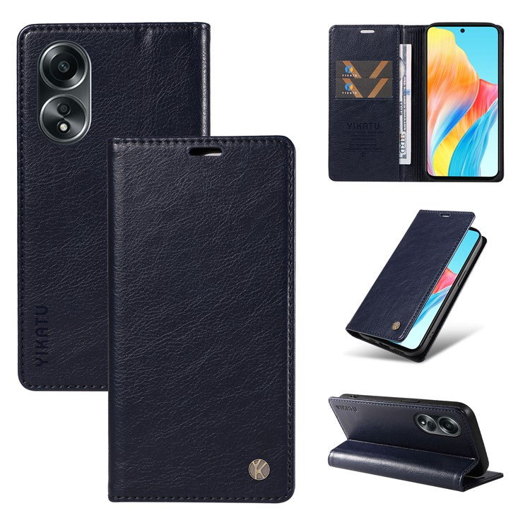 YIKATU YK-006 For Oppo A58 4G Leather Wallet Case Magnetic Closing Flip Phone Cover - Navy Blue