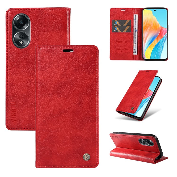 YIKATU YK-006 For Oppo A58 4G Leather Wallet Case Magnetic Closing Flip Phone Cover - Red