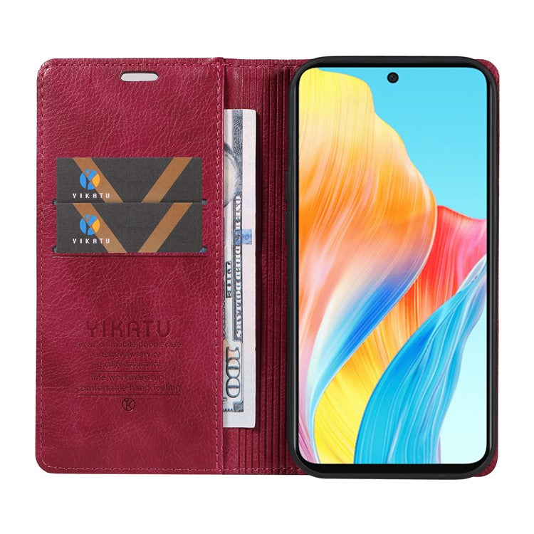 YIKATU YK-006 For Oppo A58 4G Leather Wallet Case Magnetic Closing Flip Phone Cover - Wine Red