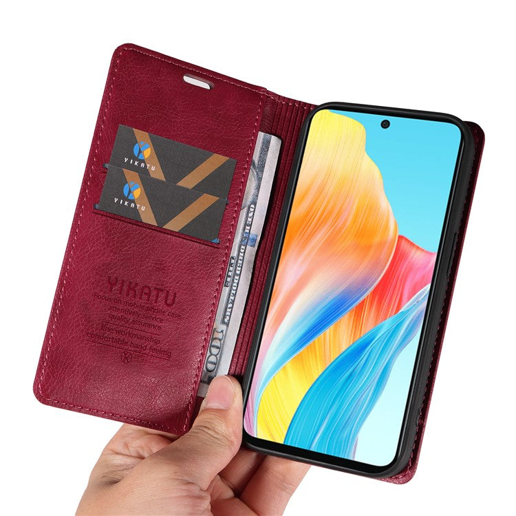 YIKATU YK-006 For Oppo A58 4G Leather Wallet Case Magnetic Closing Flip Phone Cover - Wine Red