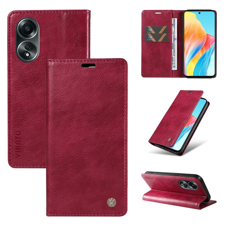 YIKATU YK-006 For Oppo A58 4G Leather Wallet Case Magnetic Closing Flip Phone Cover - Wine Red