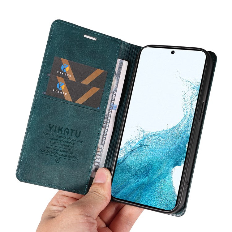 YIKATU YK-006 For Samsung Galaxy S22 5G Magnetic Case Litchi Texture Leather Flip Stand Phone Shell - Blue