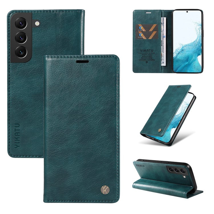 YIKATU YK-006 For Samsung Galaxy S22 5G Magnetic Case Litchi Texture Leather Flip Stand Phone Shell - Blue