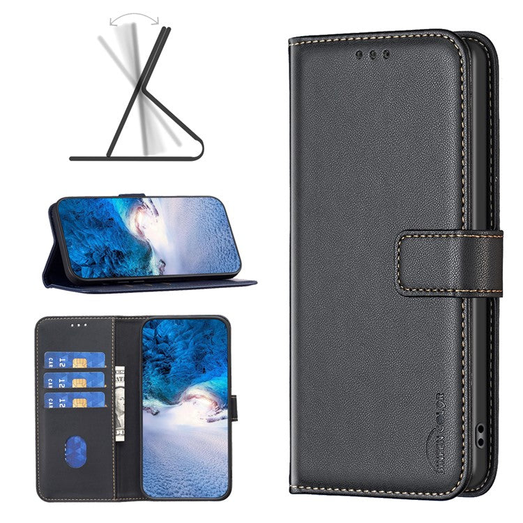 BINFEN COLOR BF17 For Samsung Galaxy M55 5G / C55 5G / F55 5G Wallet Case Shockproof Leather Phone Cover - Black