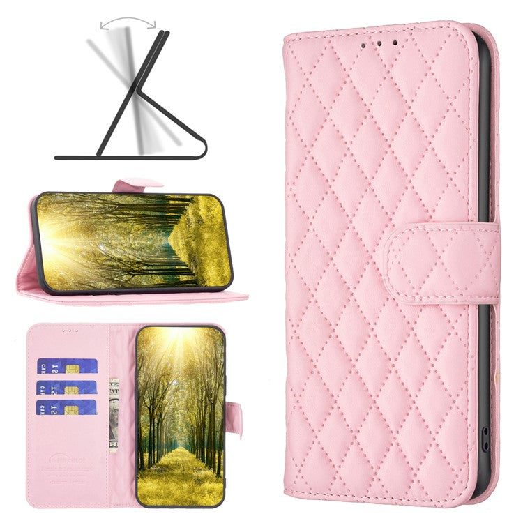 BINFEN COLOR BF Style-14 For Samsung Galaxy M55 5G / C55 5G / F55 5G Phone Case Rhombus Grid Wallet Leather Cover - Pink