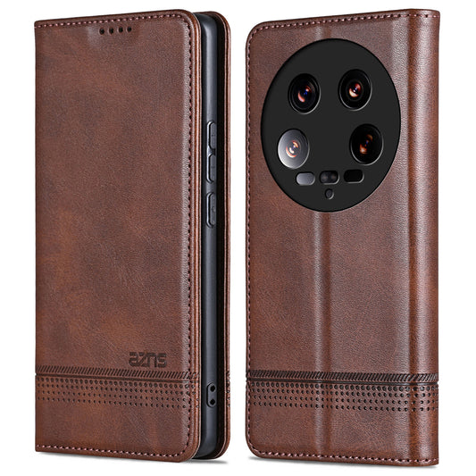 AZNS For Xiaomi 14 Ultra Leather Case Cowhide Texture Stand Wallet Phone Cover - Coffee