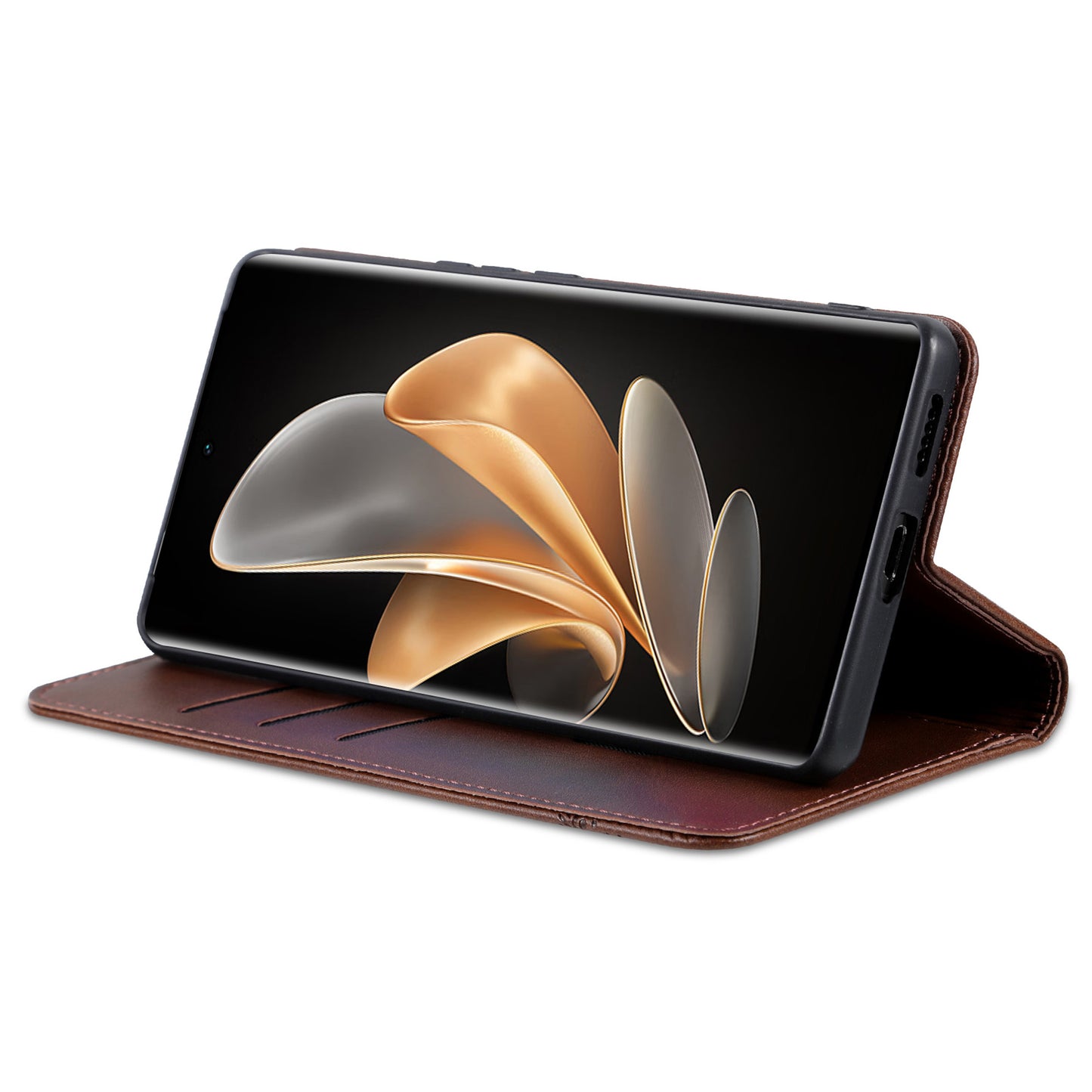 AZNS For Xiaomi 14 Ultra Leather Case Cowhide Texture Stand Wallet Phone Cover - Coffee