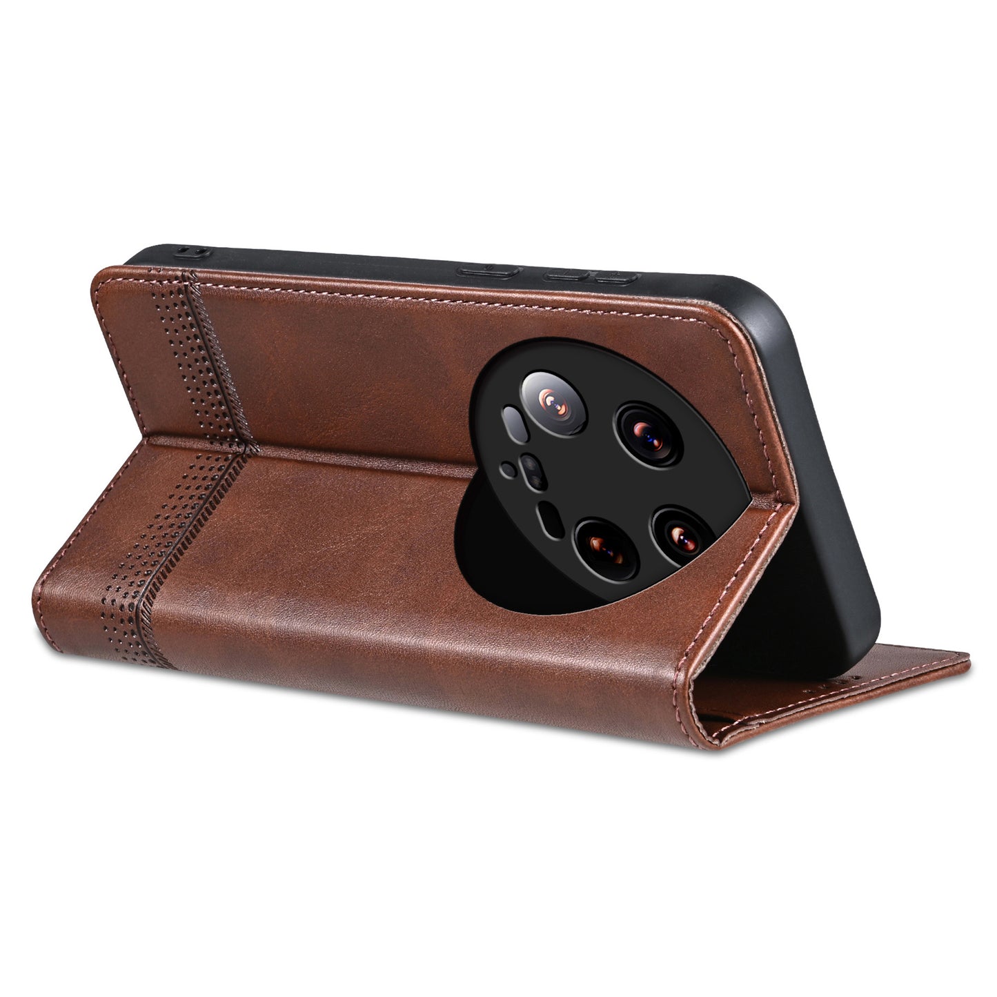 AZNS For Xiaomi 14 Ultra Leather Case Cowhide Texture Stand Wallet Phone Cover - Coffee