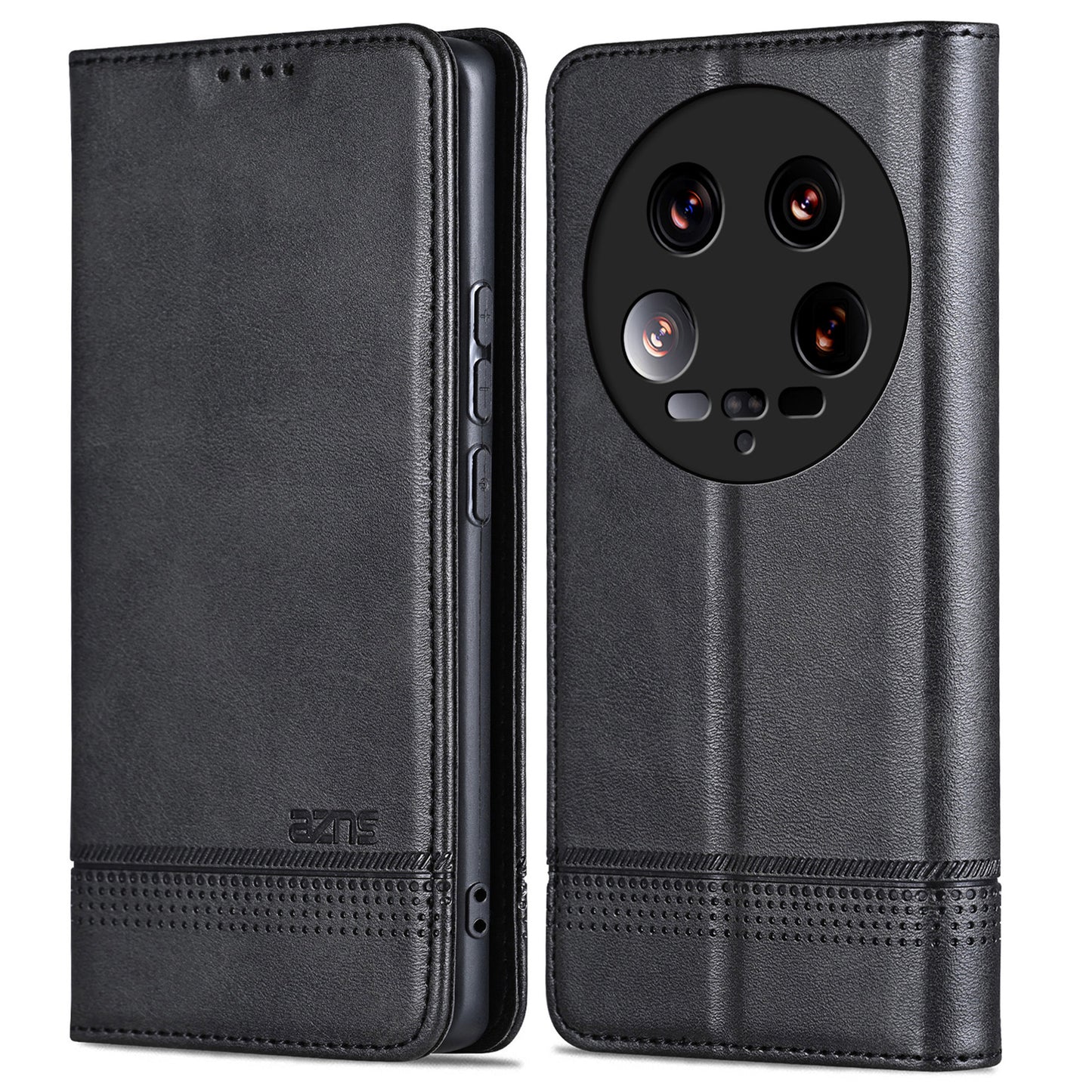 AZNS For Xiaomi 14 Ultra Leather Case Cowhide Texture Stand Wallet Phone Cover - Black