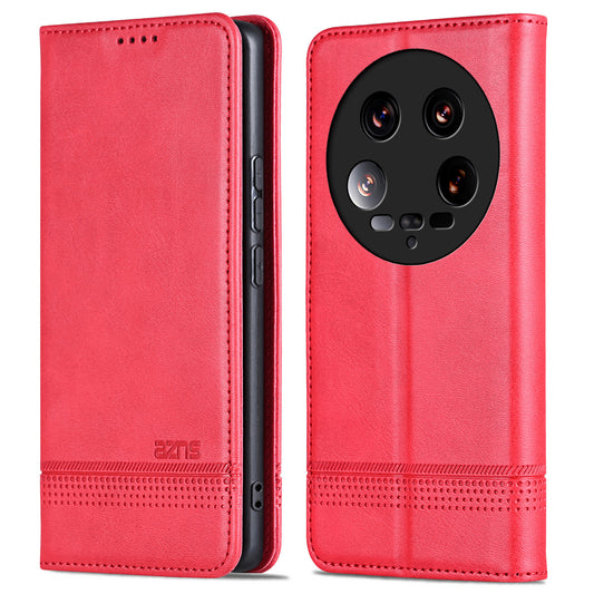 AZNS For Xiaomi 14 Ultra Leather Case Cowhide Texture Stand Wallet Phone Cover - Red