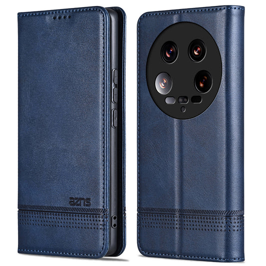 AZNS For Xiaomi 14 Ultra Leather Case Cowhide Texture Stand Wallet Phone Cover - Blue