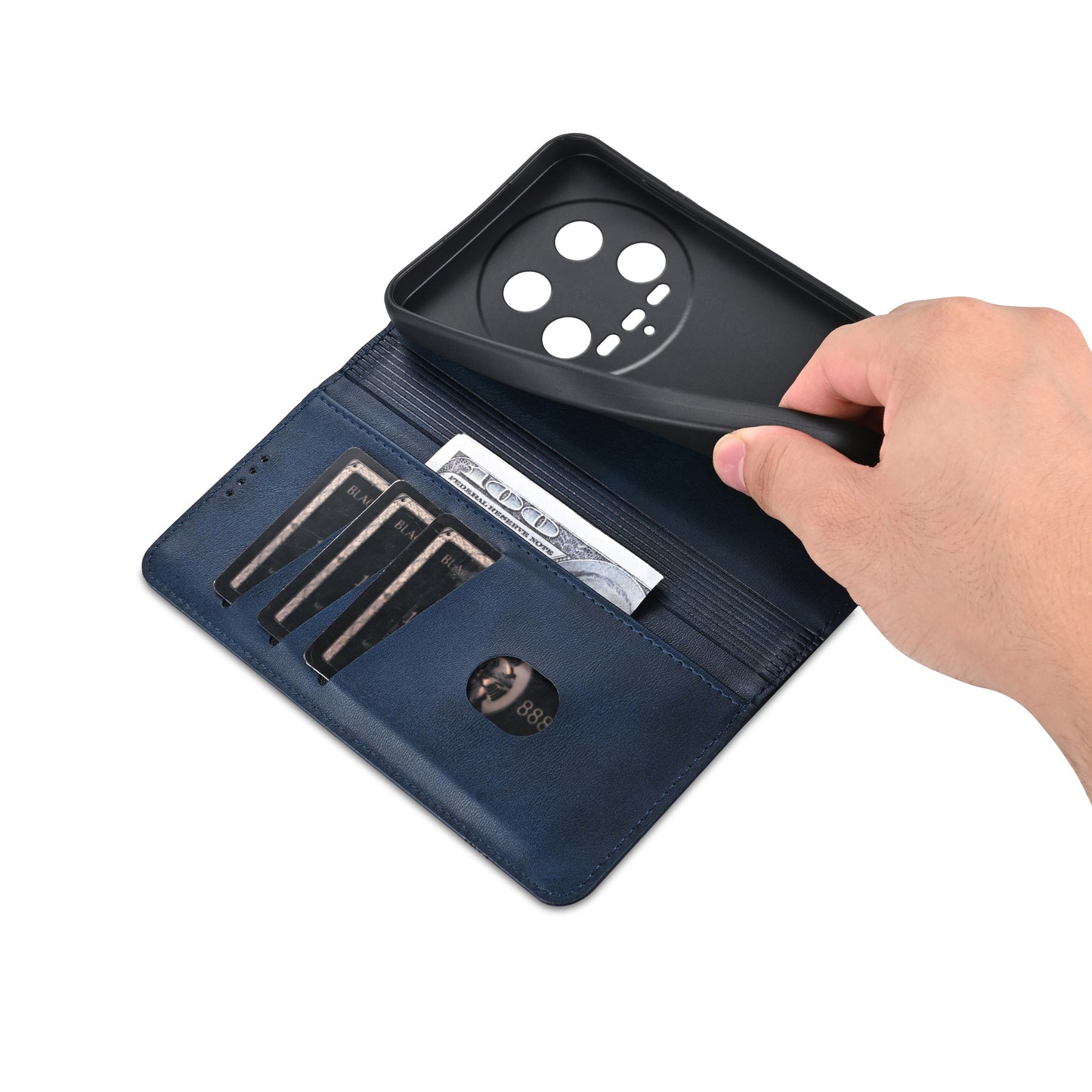 AZNS For Xiaomi 14 Ultra Leather Case Cowhide Texture Stand Wallet Phone Cover - Blue