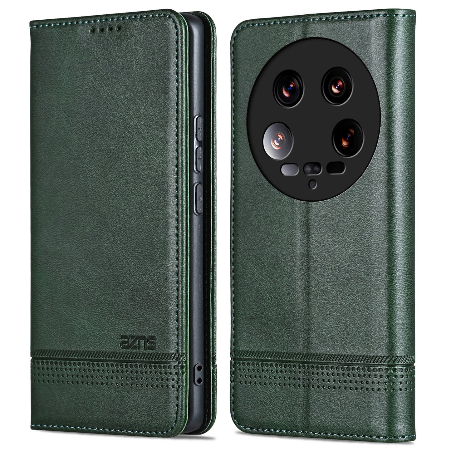 AZNS For Xiaomi 14 Ultra Leather Case Cowhide Texture Stand Wallet Phone Cover - Green