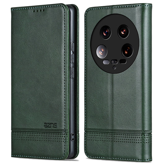 AZNS For Xiaomi 14 Ultra Leather Case Cowhide Texture Stand Wallet Phone Cover - Green