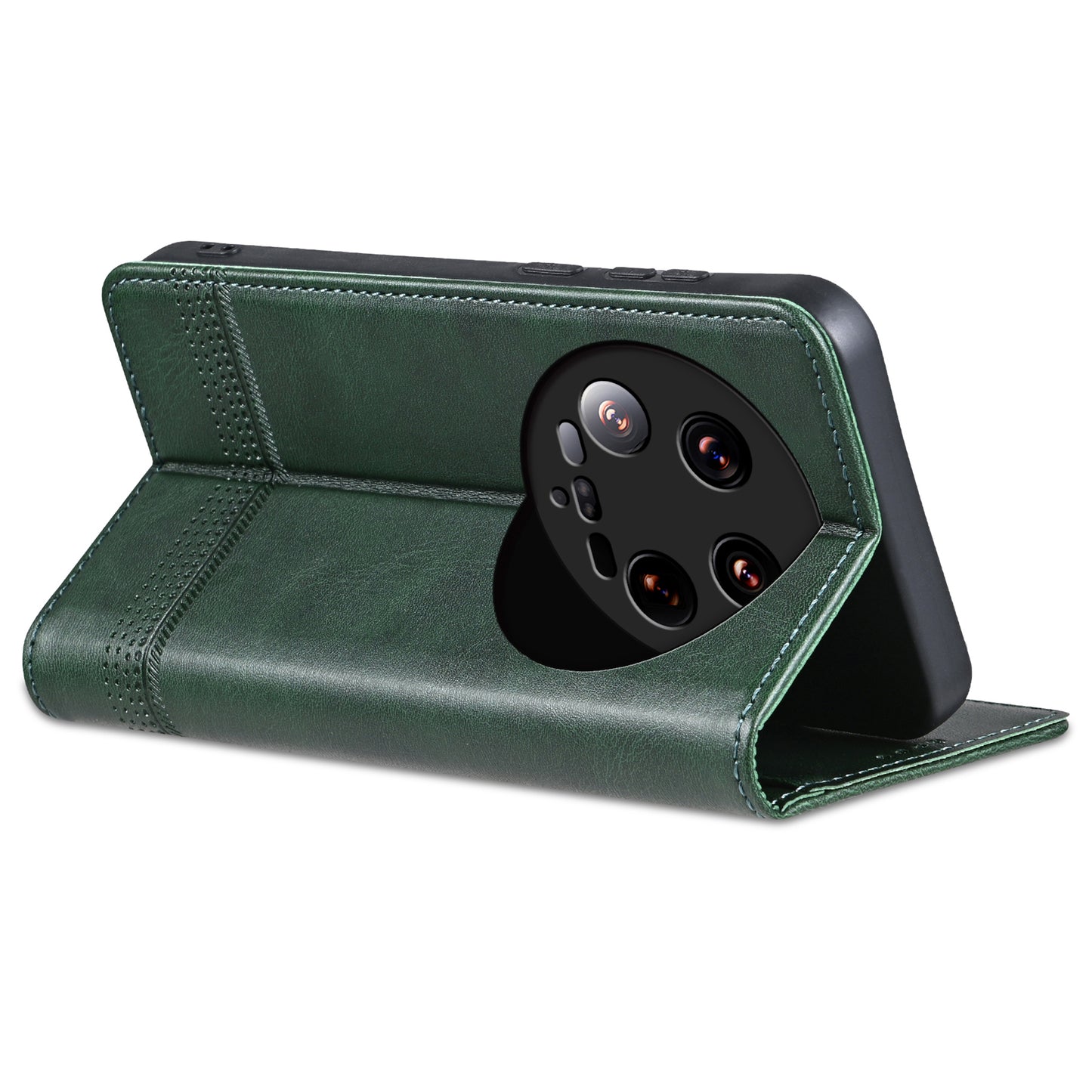 AZNS For Xiaomi 14 Ultra Leather Case Cowhide Texture Stand Wallet Phone Cover - Green