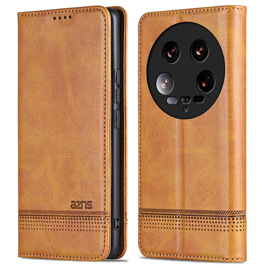 AZNS For Xiaomi 14 Ultra Leather Case Cowhide Texture Stand Wallet Phone Cover - Brown