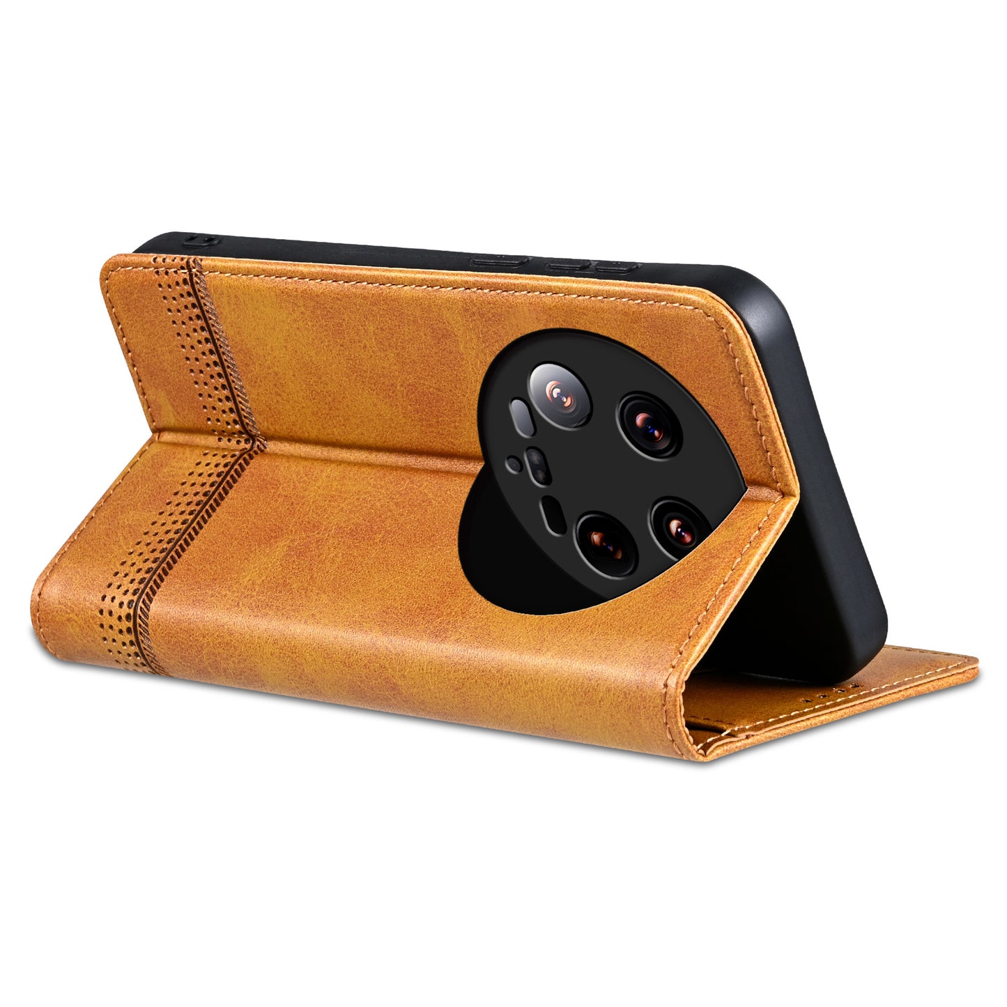 AZNS For Xiaomi 14 Ultra Leather Case Cowhide Texture Stand Wallet Phone Cover - Brown