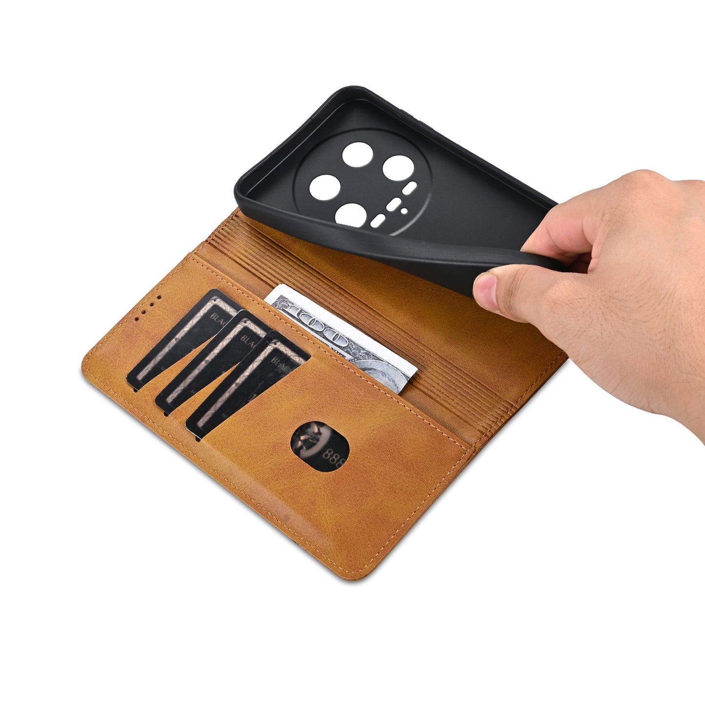 AZNS For Xiaomi 14 Ultra Leather Case Cowhide Texture Stand Wallet Phone Cover - Brown