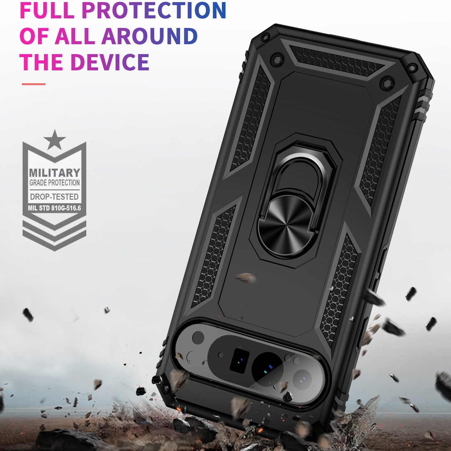 For Google Pixel 9 Pro Case Shockproof Kickstand PC+TPU Phone Cover - Black