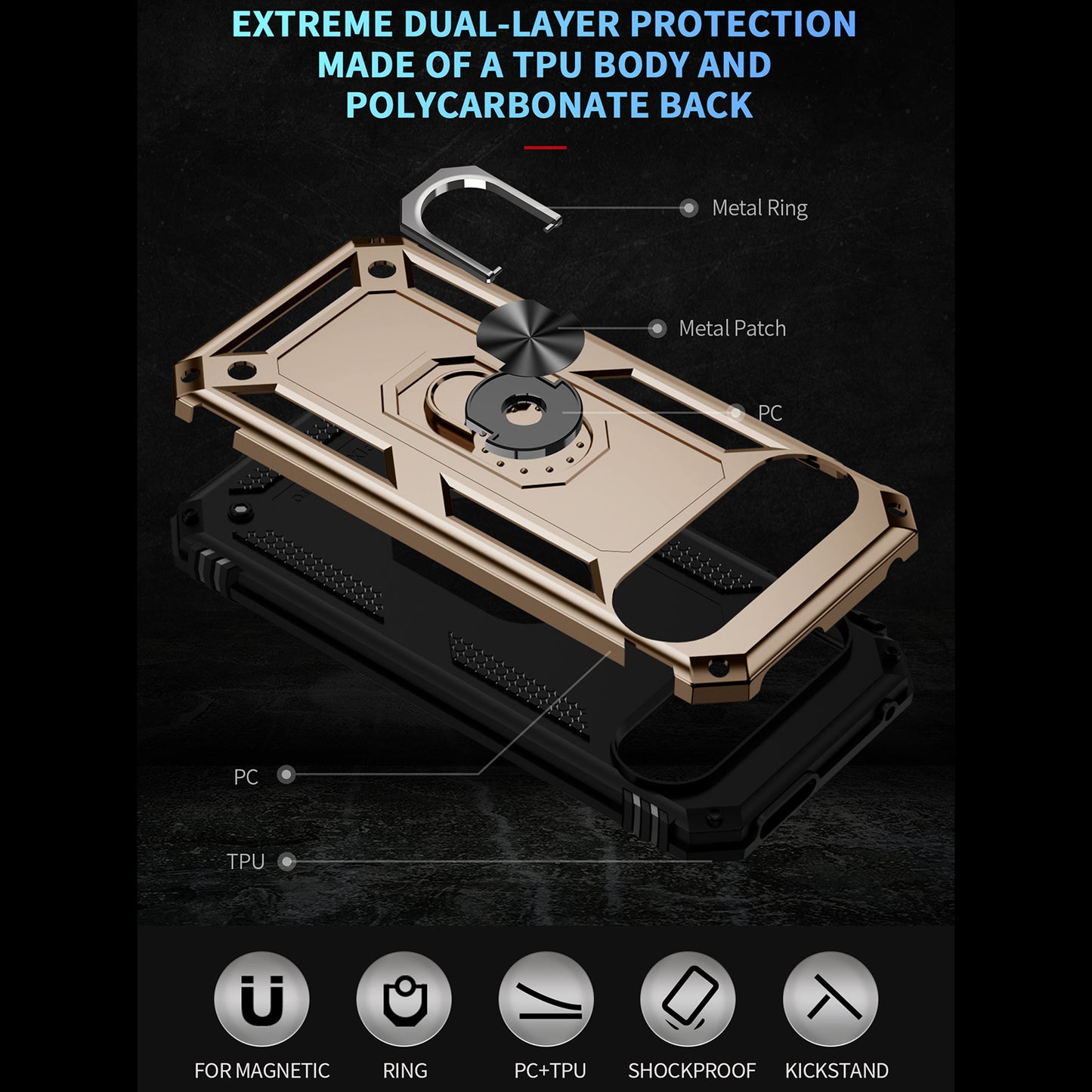 For Google Pixel 9 Pro Case Shockproof Kickstand PC+TPU Phone Cover - Gold