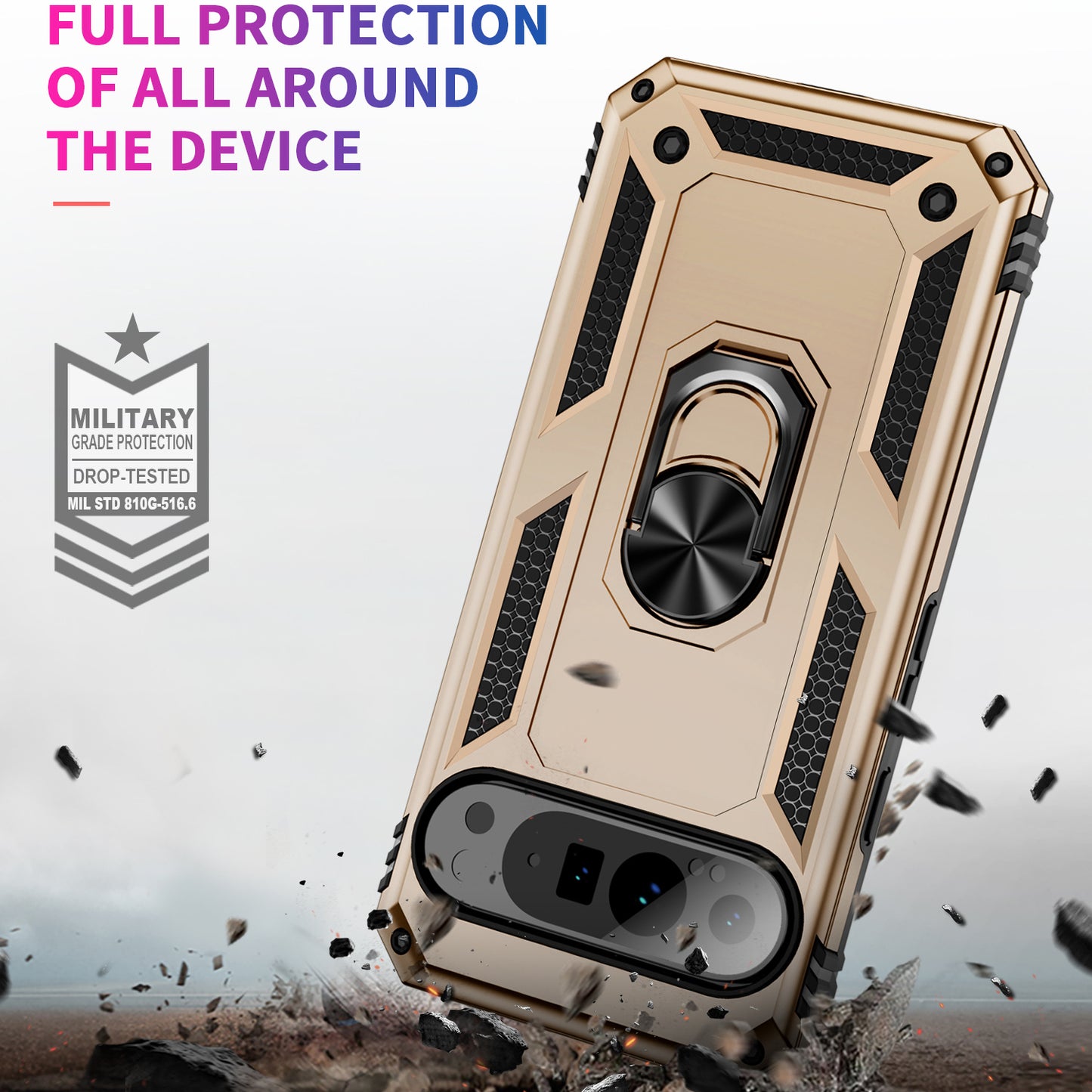 For Google Pixel 9 Pro Case Shockproof Kickstand PC+TPU Phone Cover - Gold