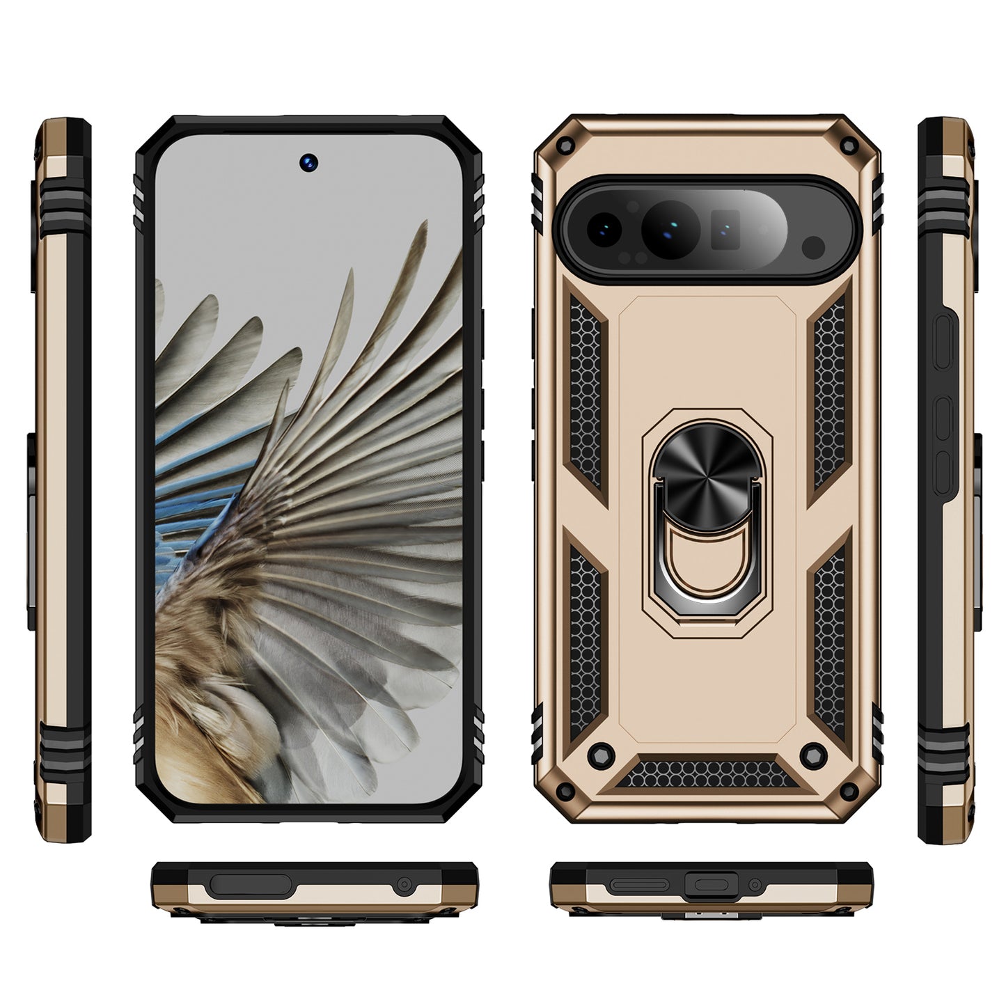 For Google Pixel 9 Pro Case Shockproof Kickstand PC+TPU Phone Cover - Gold